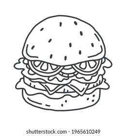 Hamburguesa al estilo de doodle. Ilustración con la mano en blanco y negro vectorial. Objeto alimentario aislado en fondo blanco. Iconos de comida. Arte de la línea de comida basura.