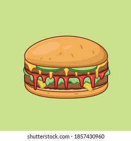 Burger con doble carne de res y mostaza y chile salsa vectorial ilustración. Colección de menús de comida rápida. Concepto de logotipo y banner.