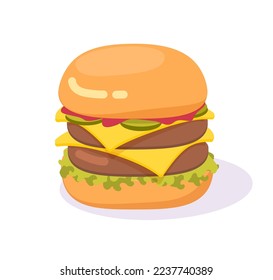 Burger double big hamburger isolated drawn vector icon or larger cheeseburger with cheese sandwich flat cartoon fast food illustration clipart