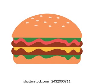 Burger with double cutlet, cheese, ketchup and lettuce. Vector illustration, fast food concept.eps10