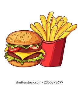 Burger with double cutlet and french fries in a red cardboard box. Cheeseburger, beef cutlet, lettuce, tomatoes, sauce. Fast food, street, takeaway, tasty dish, juicy layers, fried crispy potato