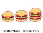 Burger drawing set. Simple, double and triple cheeseburger. Isolated vector illustration.