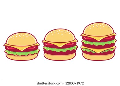 Burger drawing set. Simple, double and triple cheeseburger. Isolated vector illustration.