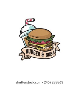 Burger and drink boba for fast food or restaurant logo design vector.  
