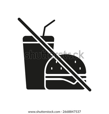 Burger And Drink With Cancel Sign Solid Icon. Fast Food Restriction, Healthy Eating, And Diet Control Symbol. Nutrition Awareness. Vector Illustration.