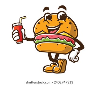 Burger with a drink cartoon mascot illustration character vector clip art