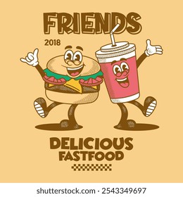 Burger And drink lindo Vector de dibujos animados retro dibujado a mano lindo Vector de dibujos animados retro dibujado a mano 