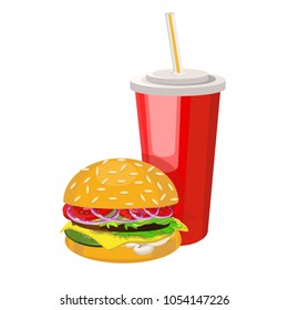 Burger with a drink. Delicious juicy burger with double cheese and different vegetables. Drink in a red paper glass. An illustration for a menu or cafe and restaurants. Isolated on a white background.