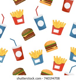 Burger, drink and fries on a white background. Seamless pattern