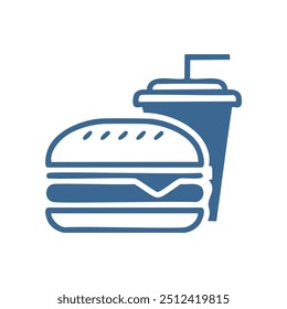 Icono de hamburguesa y bebida. Icono de silueta azul de una hamburguesa y una taza de bebida.  Ideal para menús, publicidad y branding.