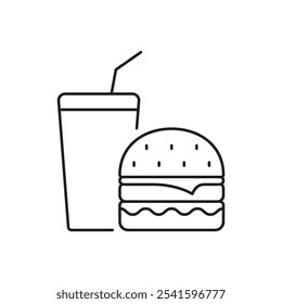 Icono de hamburguesa y línea de bebida, comida rápida con refresco y hamburguesa con queso para llevar o restaurante de servicio rápido. Icono de esquema de comida chatarra. Ilustración vectorial aislada.