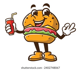 Burger with a drink and okay hand pose cartoon mascot illustration character vector clip art