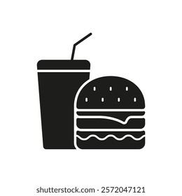 Burger And Drink Silhouette Icon. Junk Food And Fast Food Meal With Beverage And Sandwich For Unhealthy Diet Choices. Isolated Vector Illustration.