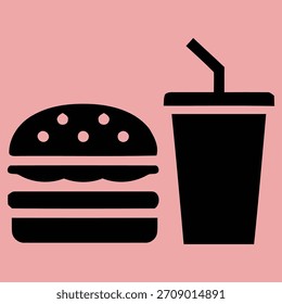 Burger and Drink Vector Icon: Fast Food Meal Graphic, Simple Silhouette, and Takeaway Beverage Symbol