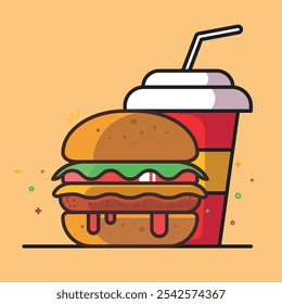 Burger and drink vector illustration. Cheesburger, humburger, cola, soda, fastfood icon colored.