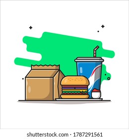 Burger and Drink Vector Illustrations. Food Icon Concept White Isolated. Flat Cartoon Style Suitable for Web Landing Page, Banner, Sticker, Background