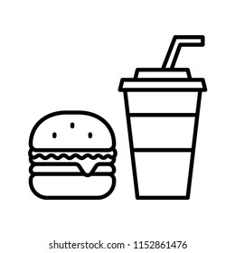 Burger with Drinks Icon, menu set. Simple design, stroke outline style. Line vector. Isolate on white background.