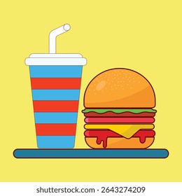 Burger and Drinks – Vector Illustration of Fast Food Combo.