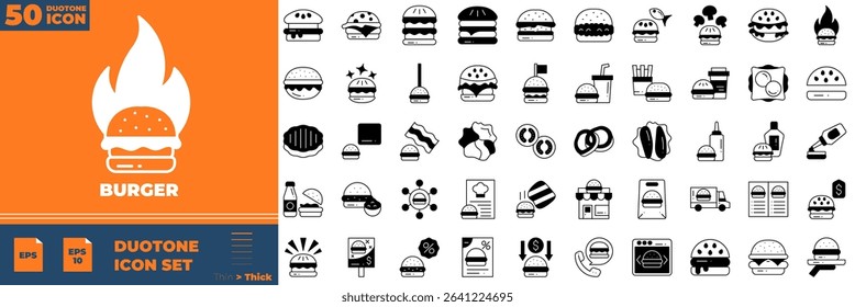 Burger Duotone Editable Icons set. Vector illustration in modern thin duotone style of burger icons: food, lunch, eat, dinner, etc