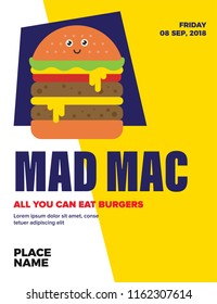 Burger Eating Concept for poster/blog/social/ad. All you can eat Burgers Template design. Burger Character illustration