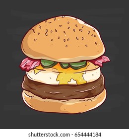 burger with egg and bacon illustration with color and outline on chalkboard background