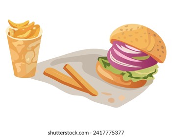 Burger element of colorful set. This delightful illustration features a classic burger and crispy fried potatoes in a playful and appetizing cartoon design. Vector illustration.
