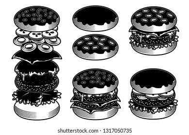 Burger and element food icon set. Cartoon hand draw set of burger element food icons for web design, menu, game