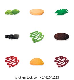 Burger element icon set. Cartoon set of 9 burger element vector icons for web design isolated on white background