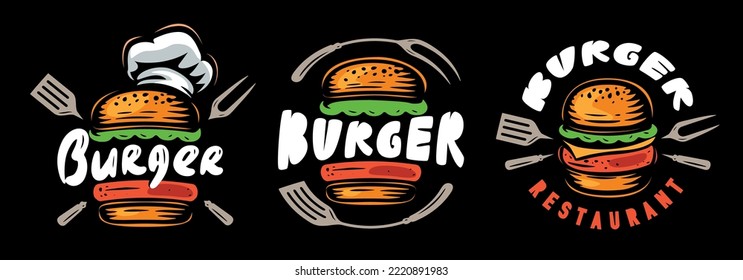 Burger emblem. Fast Food logo. Set of badges, symbols, design elements for restaurant or diner menu. Vector illustration