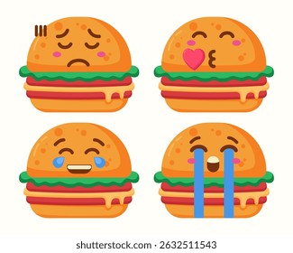 Caractere emoji de hambúrguer com diferentes expressões definidas