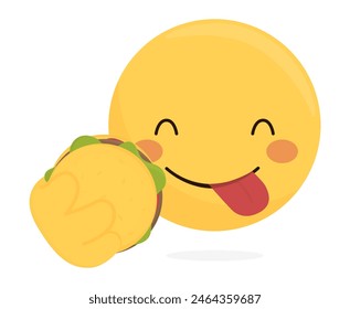 Burger emoticon. Yummy smile emoji with tongue out licking mouth and smiling eyes.Cartoon vector with a hamburger in his hand. Delicious tasty fast food symbol for social media template