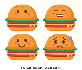 Burger emoticons character icons isolated collection