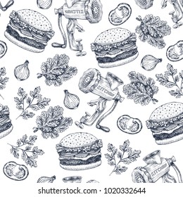 Burger engaved seamless pattern. Fast food background. Vector illustration