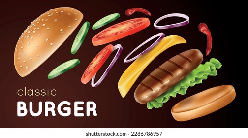 Burger explosion background. Realistic flying vegetables, cutlet and wheat bun with sesame seeds, onion and cheese, delicious fast food. 3d isolated cheeseburger, utter vector concept