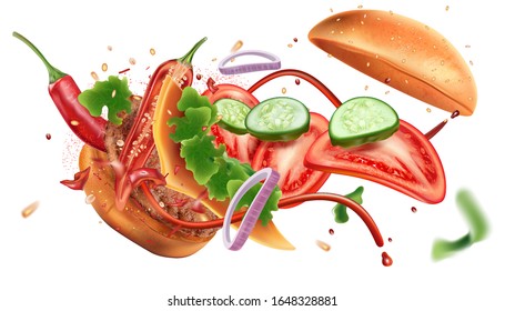 Burger explosion flying with ingredient of herbs isolated on white background. Realistic vector in 3d illustration.