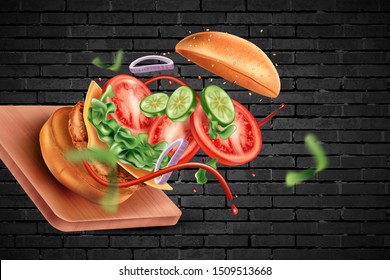 Burger explosion with ingredient of herbs on wooden plate isolated in brick wall background. Realistic vector in 3D illustration. Food concept.