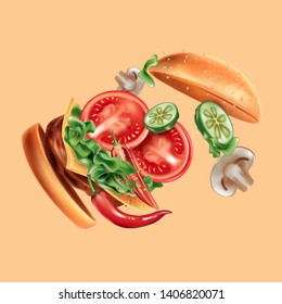 Burger explosion with ingredients of herbs ads on solid color background. Realistic vector in 3d illustration.
