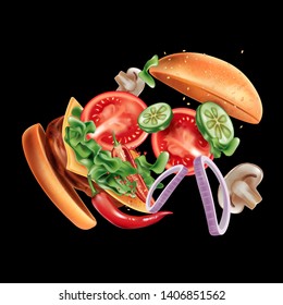 Burger explosion with ingredients of herbs ads on solid color background. Realistic vector in 3d illustration.