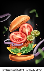 Burger explosion with ingredients of herbs ads, on solid color background. Realistic vector in 3d illustration.