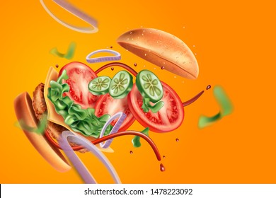 Burger Explosion With Ingredients Of Herbs Ads, On Solid Color Background. Realistic Vector In 3d Illustration.
