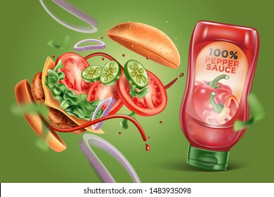 Burger explosion with ingredients of herbs and pepper sauce bottle ads, On solid color background. Realistic vector in 3d illustration.