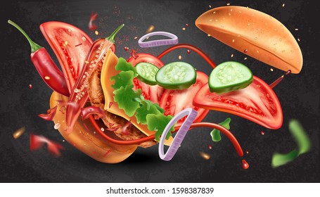 Burger explosion with sauce and ingredient of herbs ads, On dark color background. Realistic vector in 3d illustration.