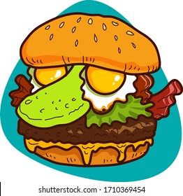 Burger with face from avocado, eggs, bacon, melted cheese, salad and meat cutlet. On blue background