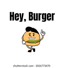 
The burger with the face smiles and waves his hand. Logo for a cafe with street food. 
