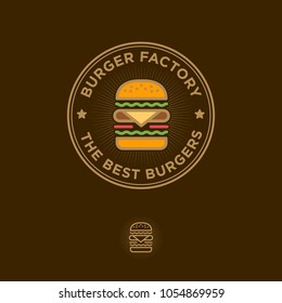 Burger factory logo. Hamburger restaurant emblem. Colored Linear flat logo. Big burger and letters on a dark background.