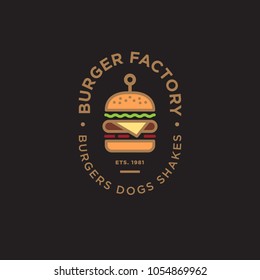 Burger factory logo. Hamburger restaurant emblem. Colored Linear flat logo. Big burger and letters on a dark background.