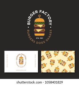 Burger factory logo. Hamburger restaurant emblem. Colored Linear flat logo. Big burger and letters on a dark background.