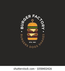 Logo de la fábrica de hamburguesas. emblema del restaurante Hamburger. Logo plano lineal de color. Gran hamburguesa y letras en un fondo oscuro.
