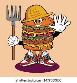 burger farmer say hay holding harrow rake