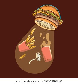 Burger Fast Food Abduction vector illustration. Food, alien, science design concept.